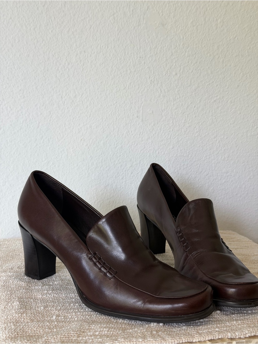Classic Women's Brown Leather Block Heel Loafers